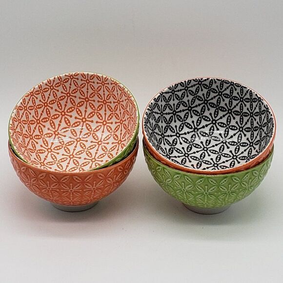 Now Designs Stamped Green/Orange and Orange/Black Porcelain 4pc Rice Bowl Set - Picture 9 of 13